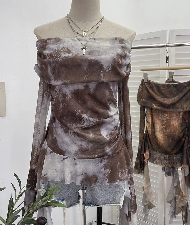 Uveng Real Shot Shoulder Strap Tie Dyed Net Shawl Shirt T-Shirt T-Shirt T-Shirt Design Folded Long-Sleeved T-Shirt 8003