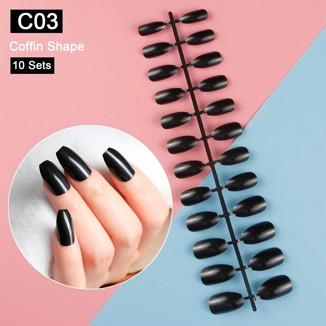10 Sets/Pack Mixed Solid Colors Coffin Round Square Almond Shape False Nails Full Cover Nail Tips Short Fake Nails Tip Manicure-Nail Inspo