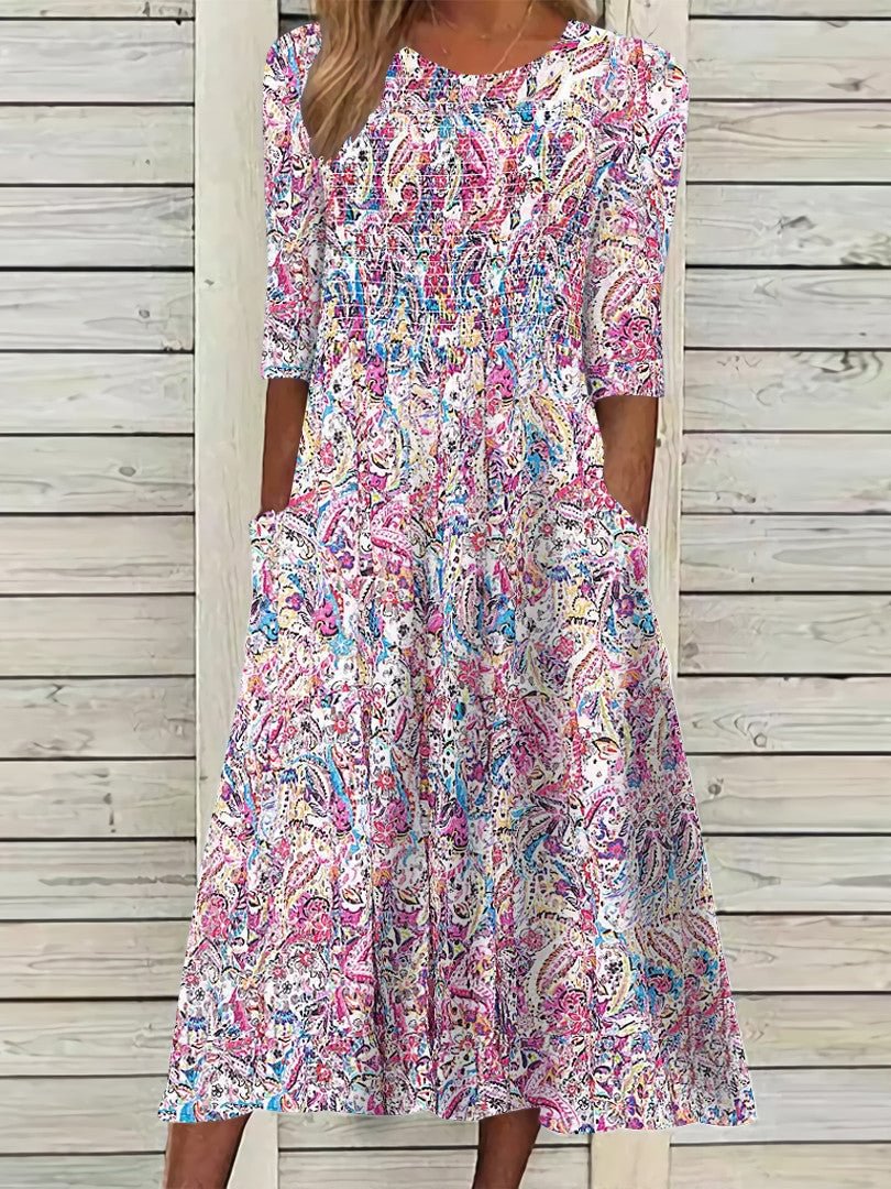 Women's Summer Half Sleeve Scoop Neck Print Fashion Casual Pocket Dress