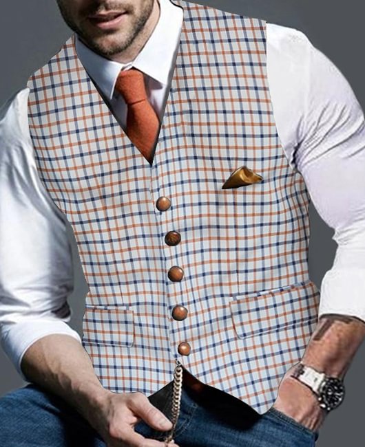 Elegant Gingham Print Single Breasted Blazer Vest
