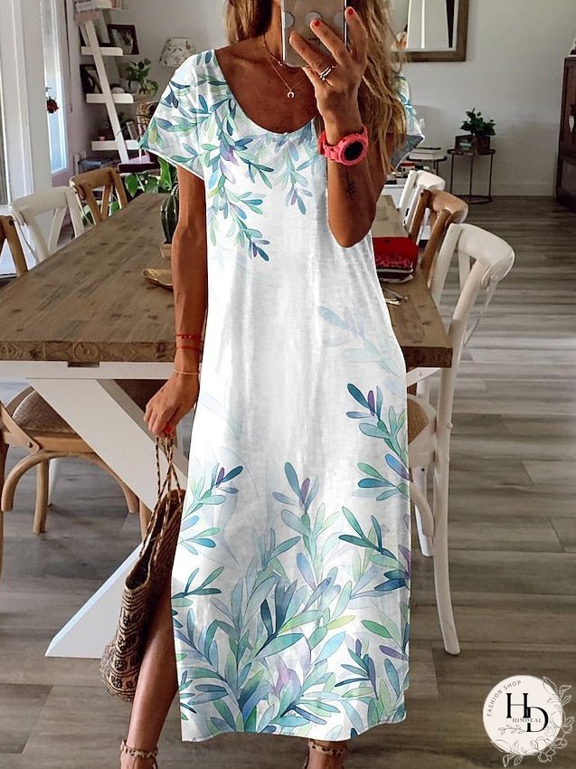 Casual Dress Summer Dress Print Dress Leaf Split Print Crew Neck Long Dress Maxi Dress Fashion Streetwear Outdoor Daily Short Sleeve Regular Fit White Yellow Blue Summer S M L XL XXL for Women