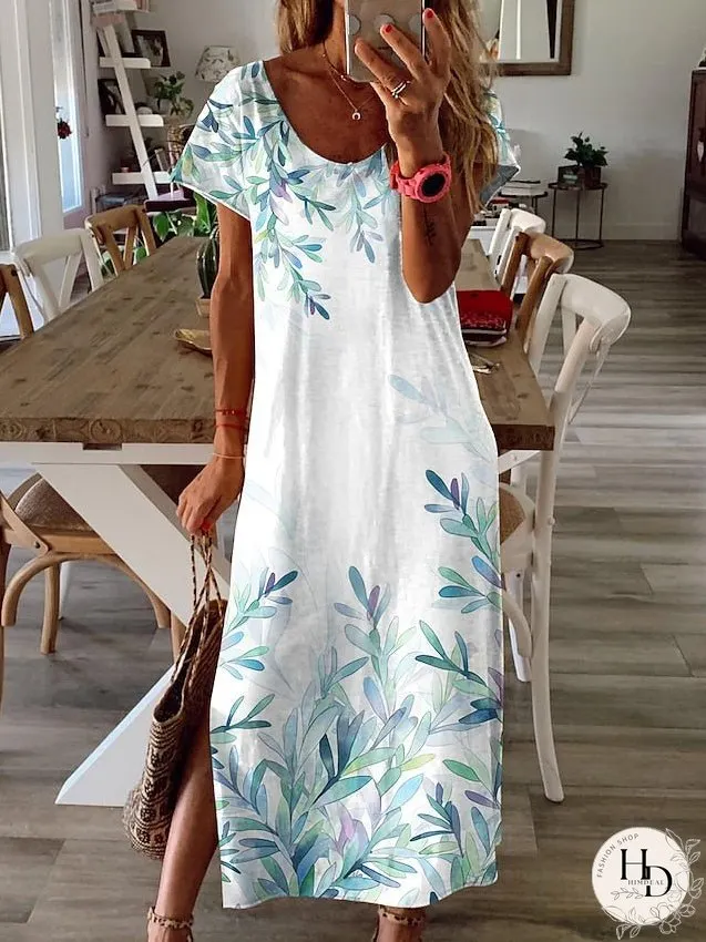 Casual Dress Summer Dress Print Dress Leaf Split Print Crew Neck Long Dress Maxi Dress Fashion Streetwear Outdoor Daily Short Sleeve Regular Fit White Yellow Blue Summer S M L XL XXL for Women