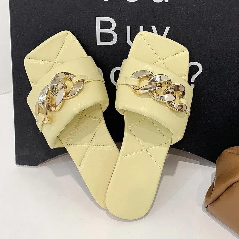 Women Slippers High Heels Chain PU Square Toe Fashion Woman Pumps Summer Sandals Outdoor Comfort Ladies Footwear New 2021