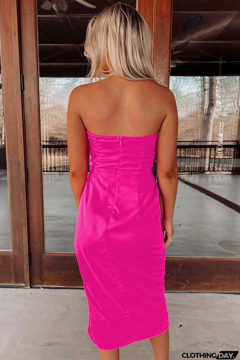 Strapless Ruched Wrapped Slit Midi Dress