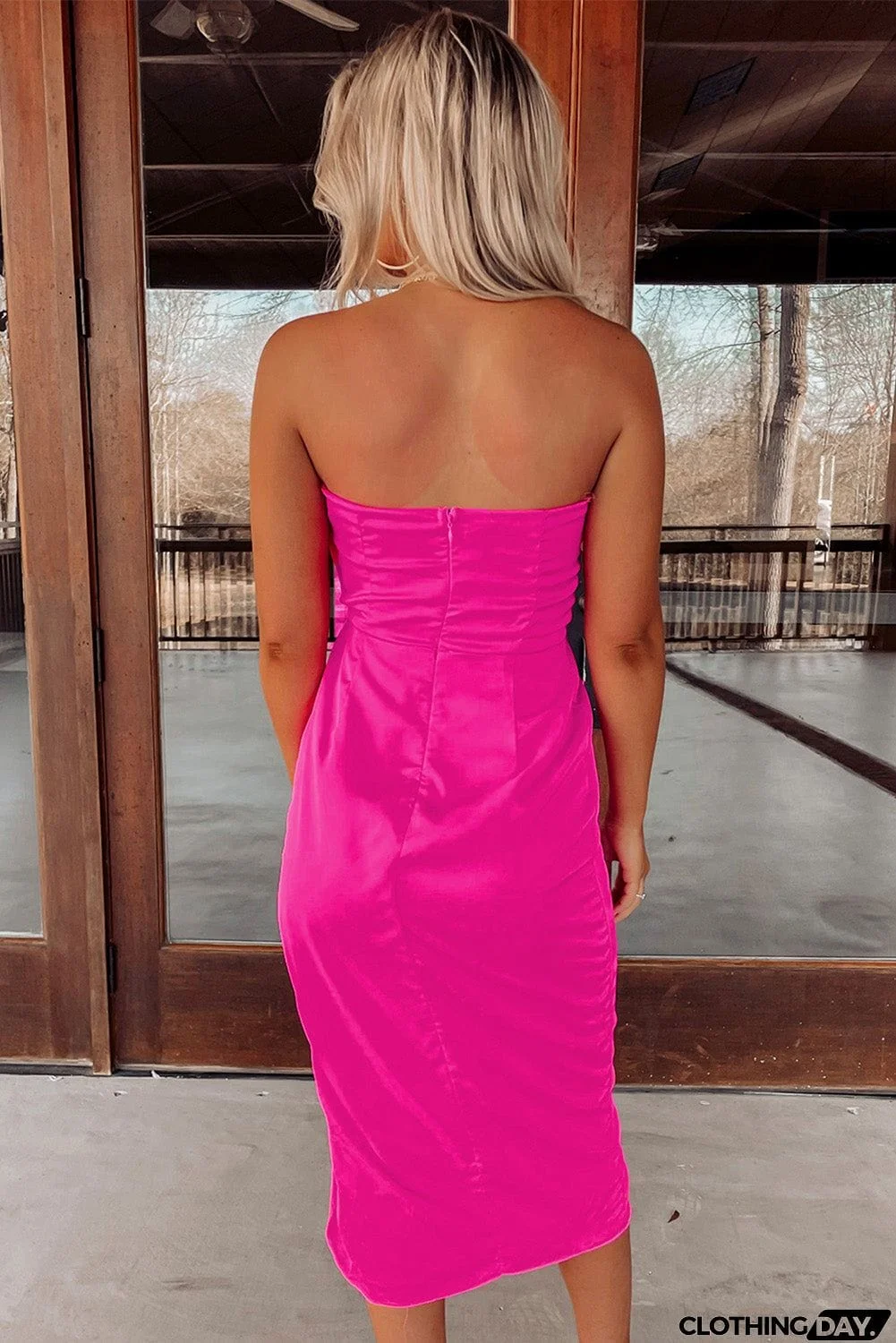 Strapless Ruched Wrapped Slit Midi Dress
