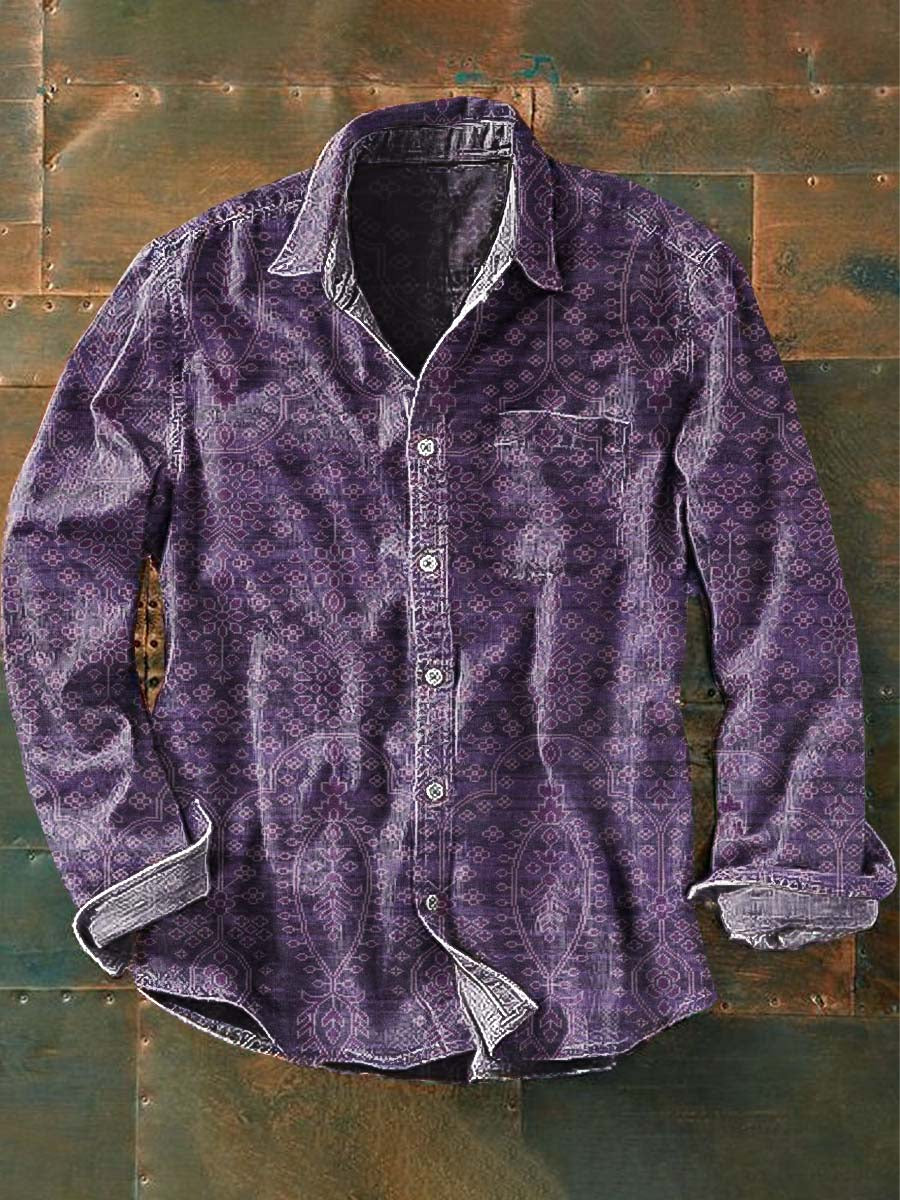 Men's Retro Ethnic Print Casual Lapel Long Sleeve Shirt