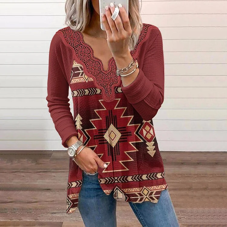 Ethnic Print Casual Long-Sleeved T-Shirt