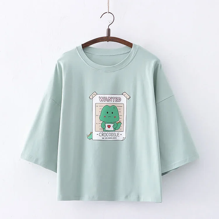 Cartoon Dinosaur Letter Print Loose T-Shirt - Modakawa modakawa