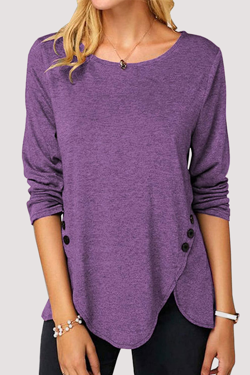 Casual Solid Split Joint Buckle O Neck Tops(11 Colors)