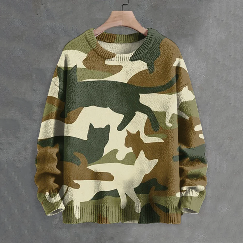 Men's Cats Camouflage Print Knit Crew Neck Sweater