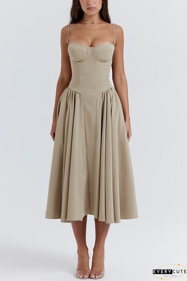 Solid Color Vintage Slim Fit Suspender Pocket Midi Dress