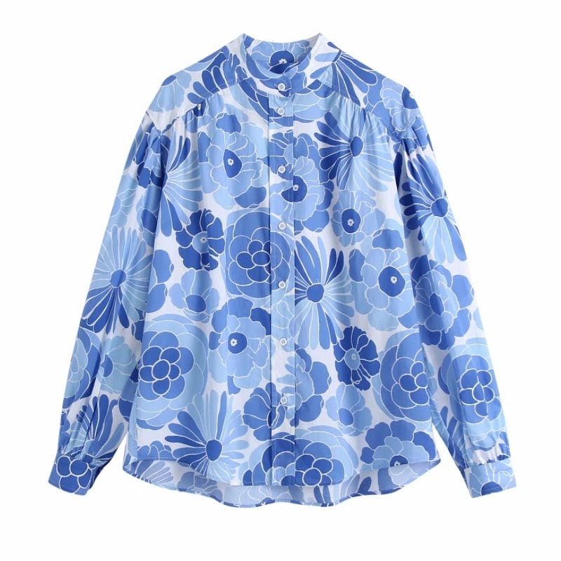 Summer Women Floral Printing Stand Collar Oversized Shirt Female Long Sleeve Blouse Casual Lady Loose Tops Blusas S8971