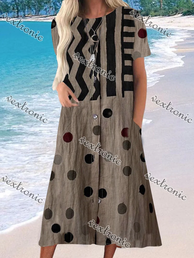 Women's Dark Brown Scoop Neck Short Sleeve Printed Maxi Dress