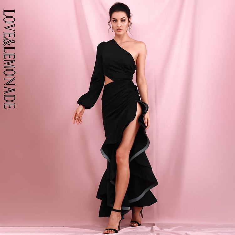 Sexy Black Off-Shoulder Side Whit Split Cut Out Ruffled Long Sleeve Maxi Dress LM82202-1 - BlackFridayBuys
