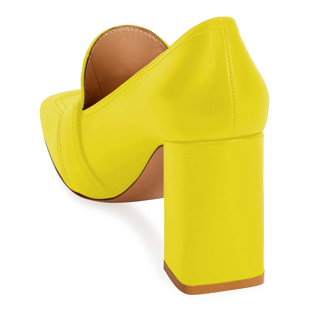Vegan Leather Square Toe Buckle Chunky Heel Women's Loafers in Yellow