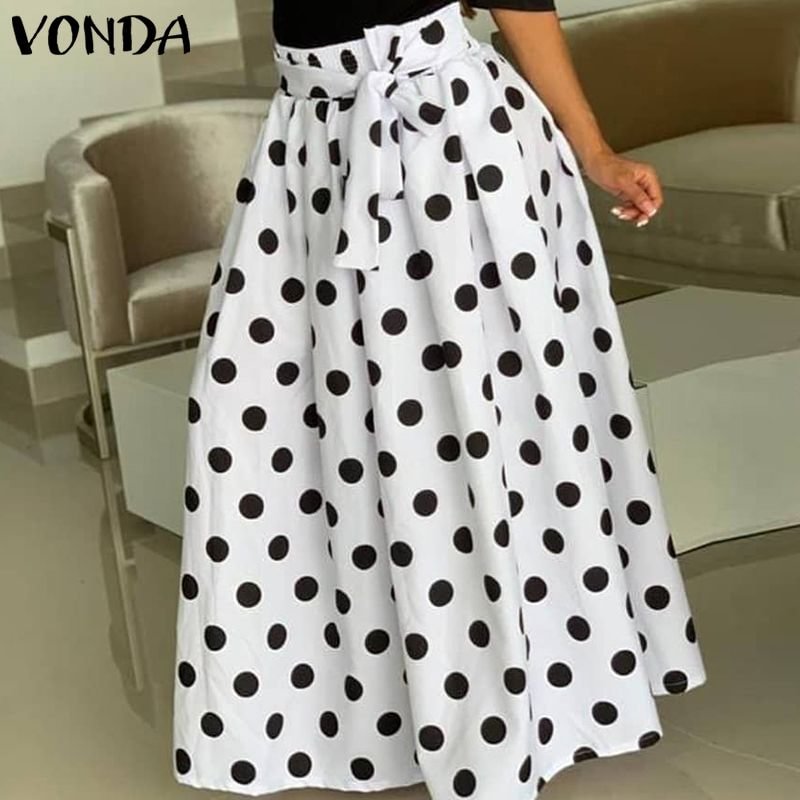 Women Skirts Polka Dot High Waist Long Skirt 2021 VONDA Female Sexy Pleated Party Maxi Skirts Faldas De Mujer