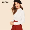 SHEIN Vintage White Mock Neck Ruffle Trim Embroidery Eyelet Blouse Women Spring Office Lady Button Placket Solid Elegant Blouses