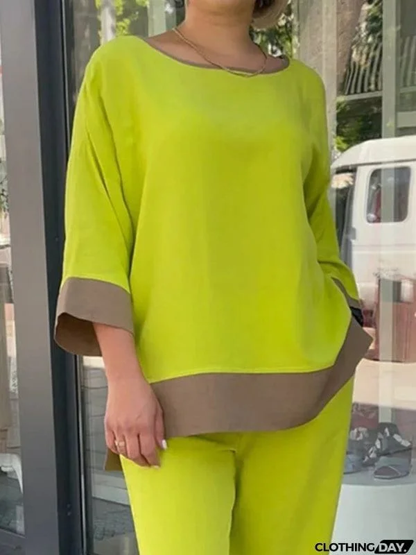Loose Contrast Color Three-Quarter Sleeves Split-Side Round-Neck Shirts Top + Pants Bottom Two Pieces Set