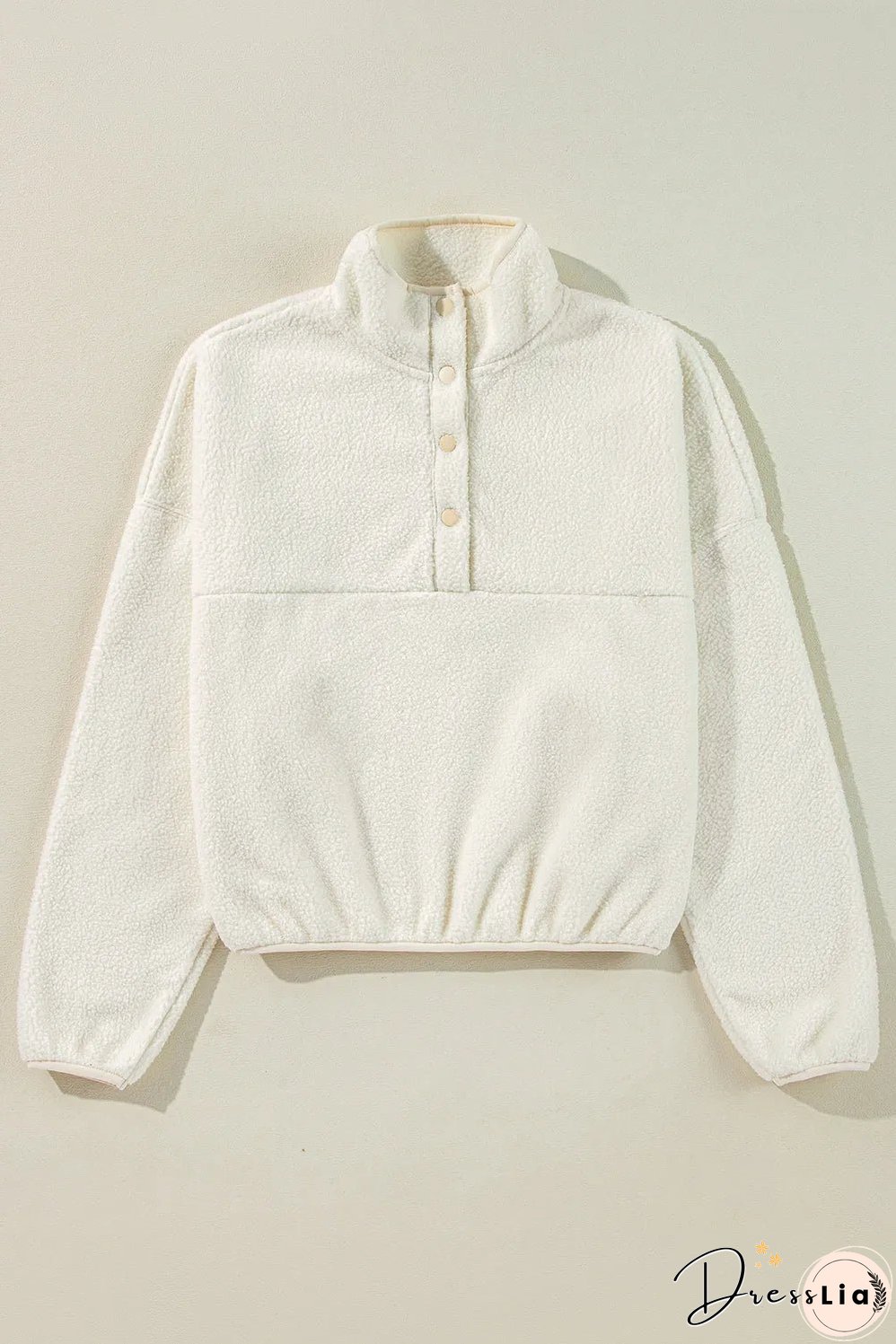 White Fleece Placket Turn-down Collar Drop Shoulder Sweatshirt