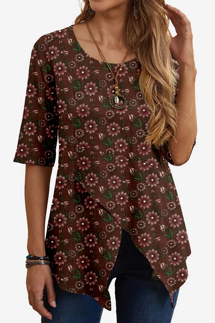 Round Neck Half Sleeve Floral Print Irregular Slit Hem Linen Casual Top