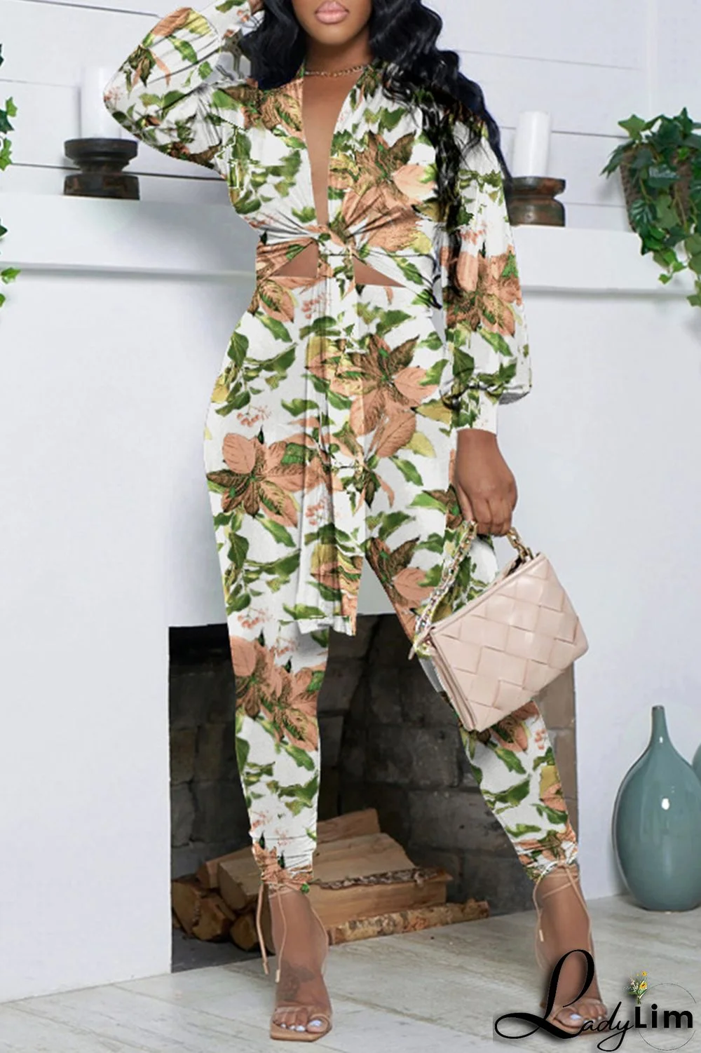 Green Casual Print Frenulum V Neck Long Sleeve Two Pieces