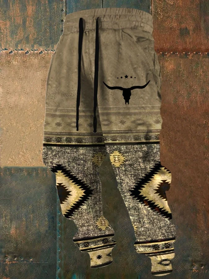 Men's retro western ethnic print casual trousers