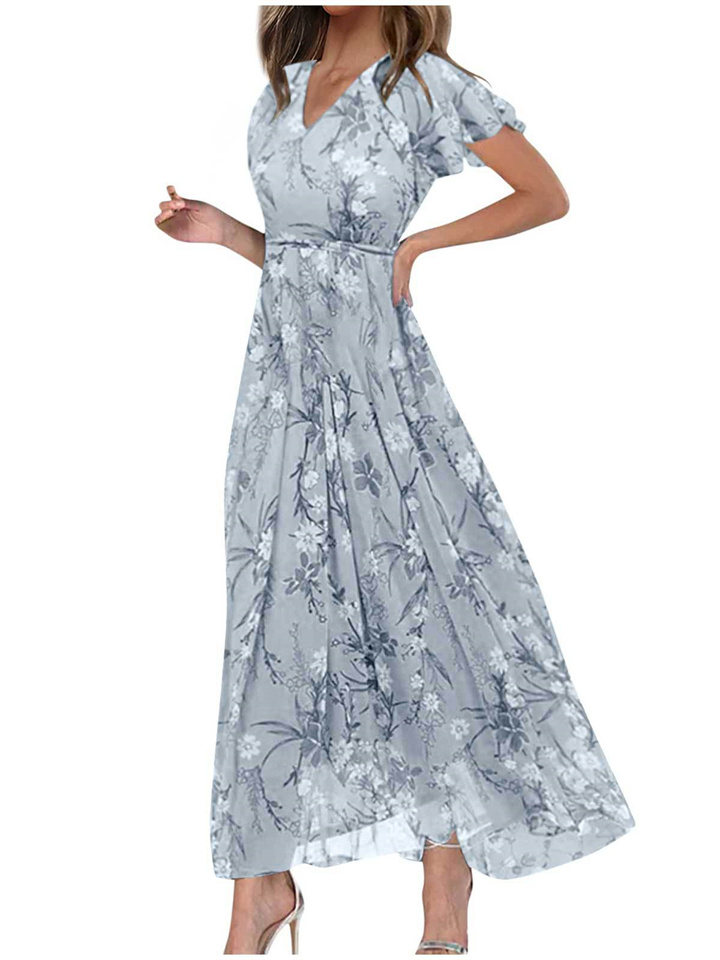 Explosive Dresses Plus Size Women's Fashion Sexy Dress Chiffon V-neck Printed Long Dresses