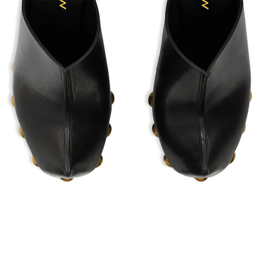 Women's Classic Black Round Toe Studded Platform Mule Heels