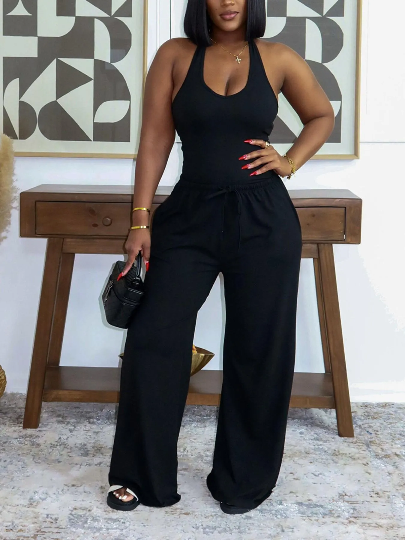Summer New Women's Halter Neck Slimming Top & Wide-Leg Pants, Casual Backless Waist Cinch Crop Top & Drawstring Waist Pants, Womenswear