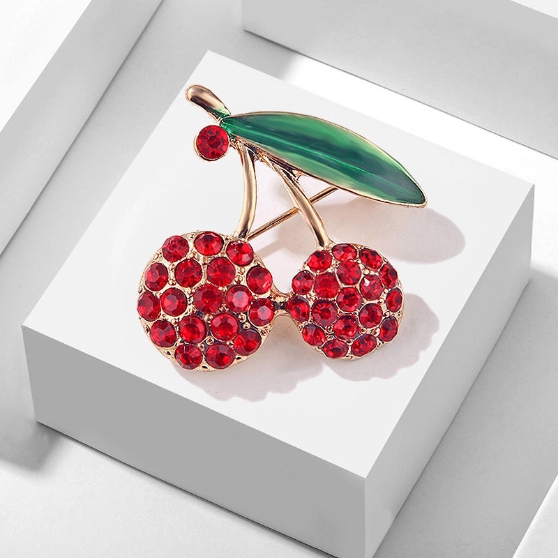 Cute Pin Cherry Alloy Enamel Inlay Rhinestones Women's Brooches