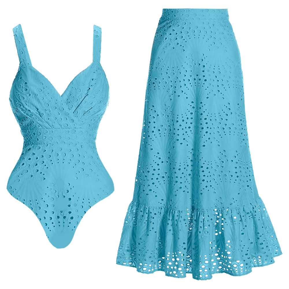 🔥 Blue Hollow Flowers V-Neck One Piece Swimsuit and Skirt👙