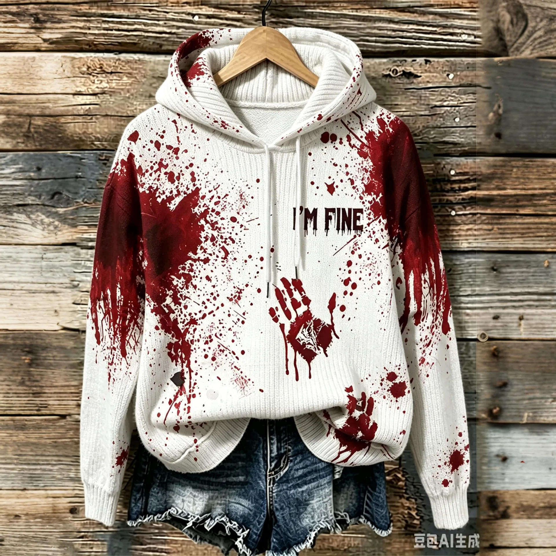 Comstylish Women's Retro Bloodstain I'm Fine Print Hooded Sweater