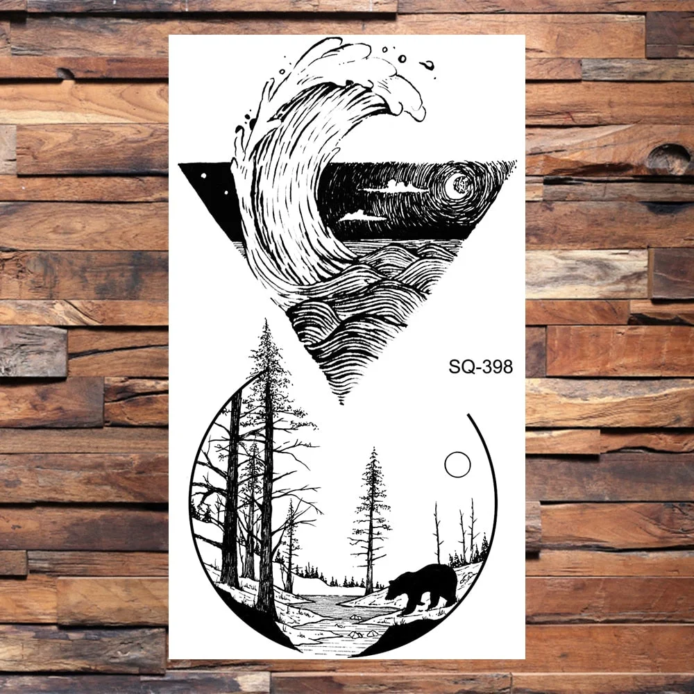 Small Forest Pine Tree Temporary Tattoos For Women Men Realistic Whale Mountain Sea Wave Fake Tattoo Sticker Arm Body Tatoos