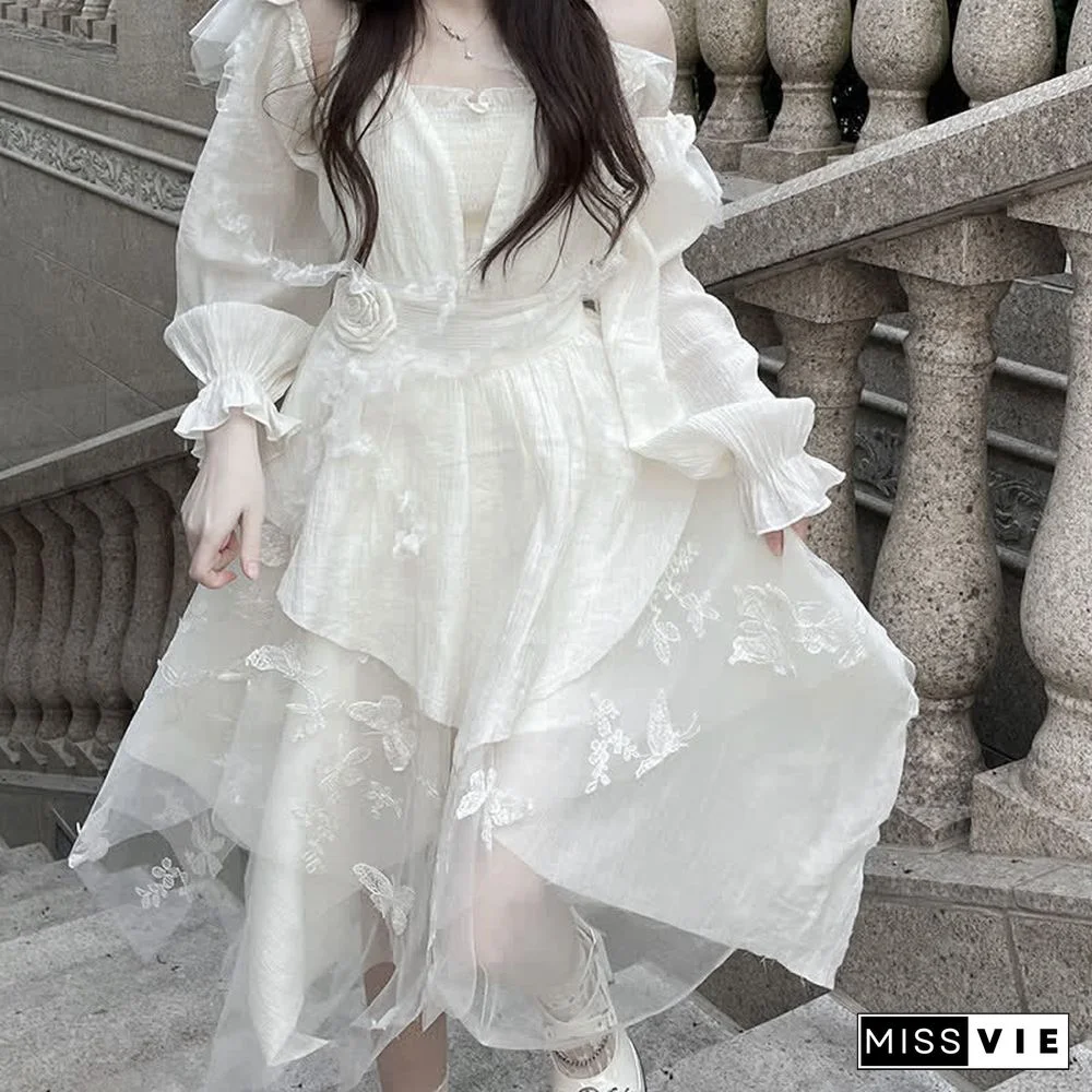 Irregular Embroidery Flower Decor Tulle Slip Dress