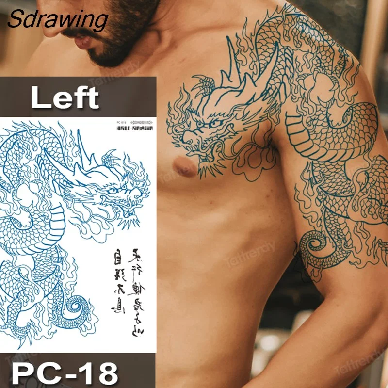 Sdrawing Fox Totem Dragon Waterproof Temporary Tattoos Body Art Arm Shoulder Chest Tattoo Sticker Black Tatouage Men Adult Large