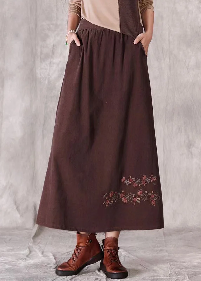 Retro Coffee Embroideried Pockets Corduroy Skirts Spring