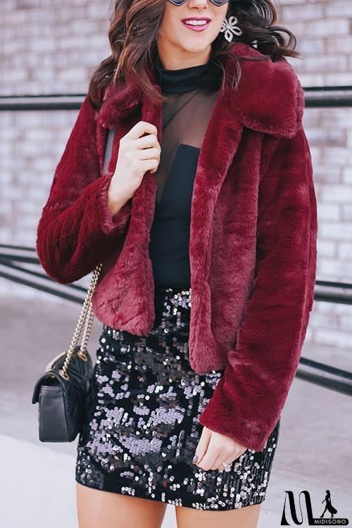 MidiSono - Turndown Collar Faux Fur Short Coat