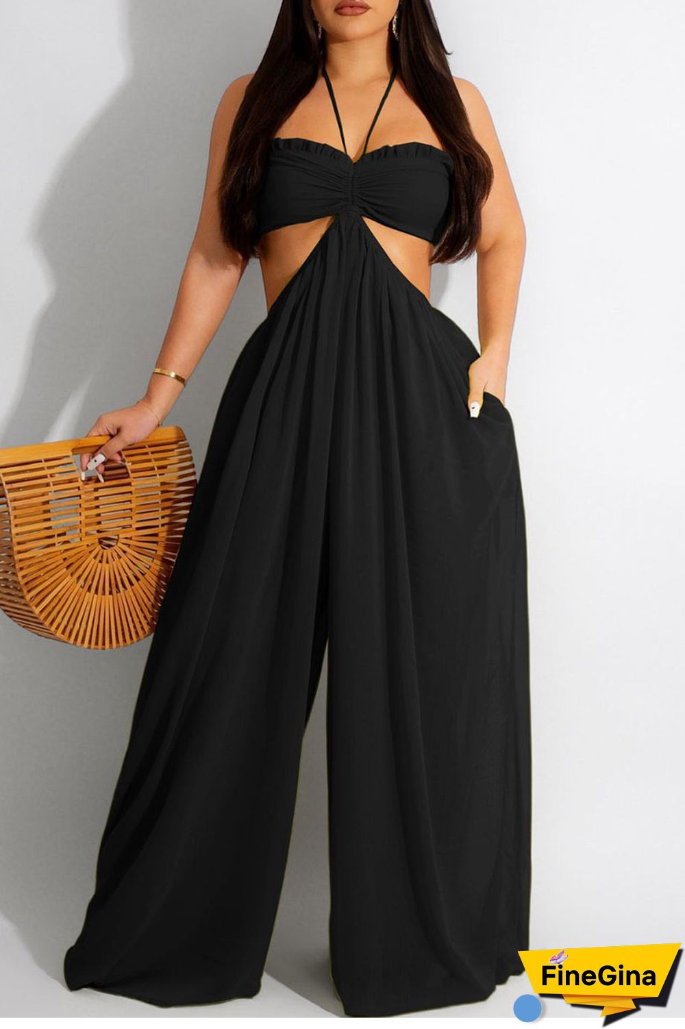 Orange Sexy Solid Patchwork Backless Halter Straight Jumpsuits