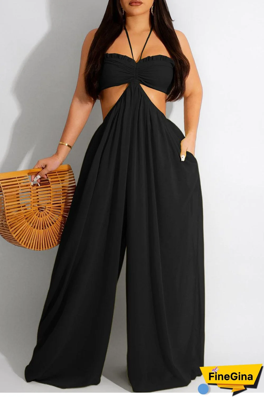 Orange Sexy Solid Patchwork Backless Halter Straight Jumpsuits