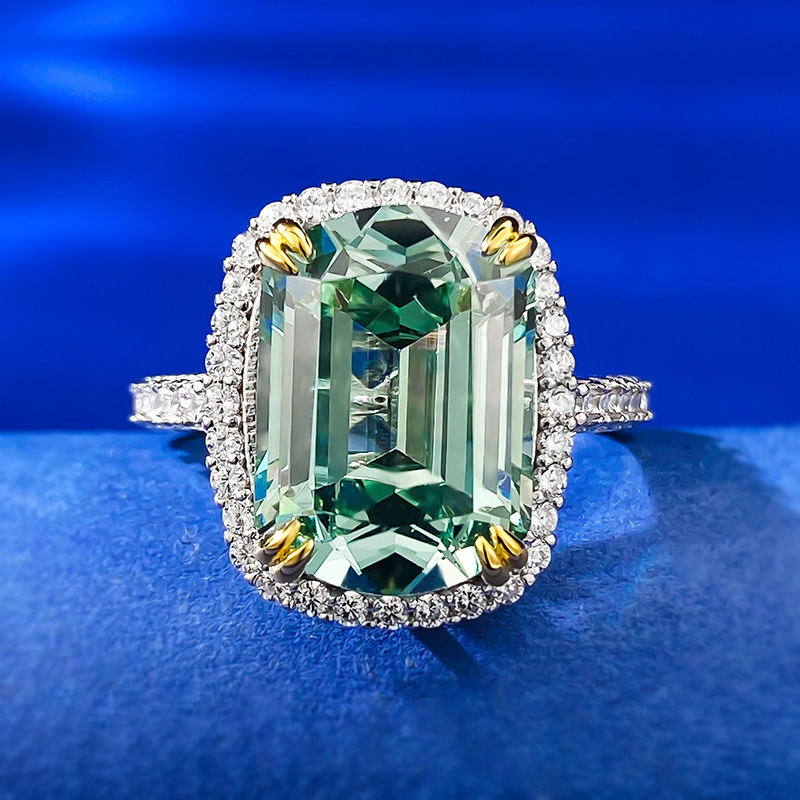 MIKAMU Jewelry Luxurious 10*14mm Tourmaline Green Diamond Ring in S925 Silver