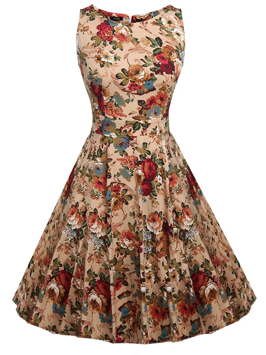 Floral Dresses For Wedding Hepburn Style Retro Round Neck Sleeveless Swing Dress