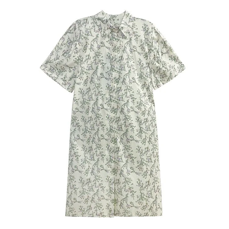 French Turn-down Collar Floral Printed Short Sleeve Shirt Dress              