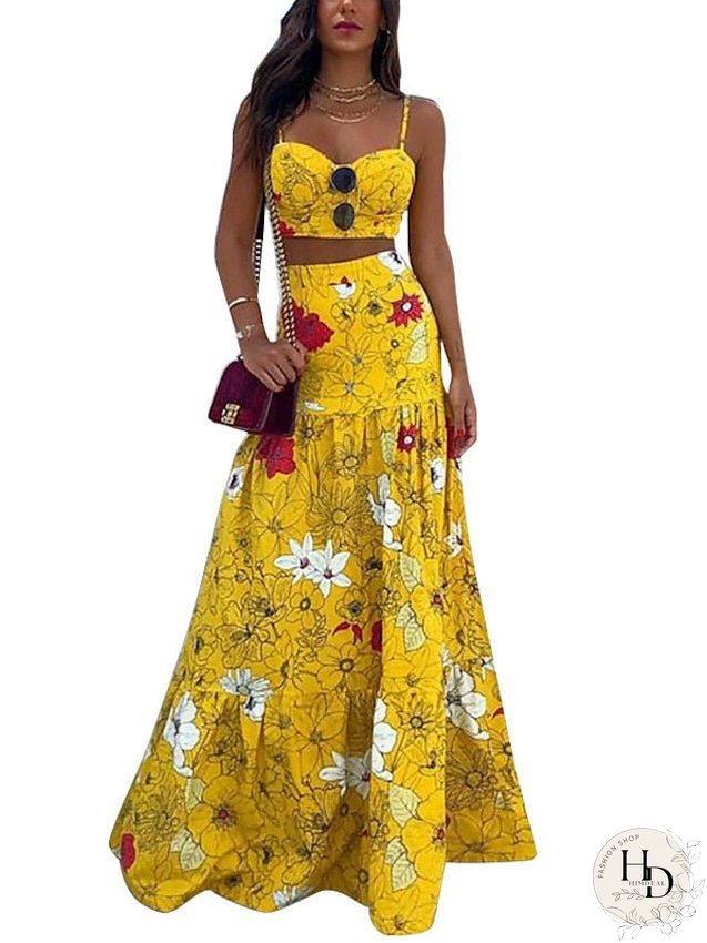Dress Set Two Piece Dress Swing Dress Long Dress Maxi Dress Yellow Green Sleeveless Floral Backless Spring Summer Spaghetti Strap Vacation S M L XL XXL 3XL for Women