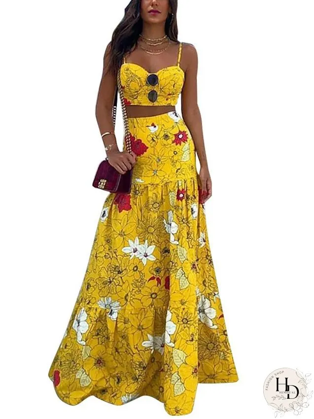 Dress Set Two Piece Dress Swing Dress Long Dress Maxi Dress Yellow Green Sleeveless Floral Backless Spring Summer Spaghetti Strap Vacation S M L XL XXL 3XL for Women