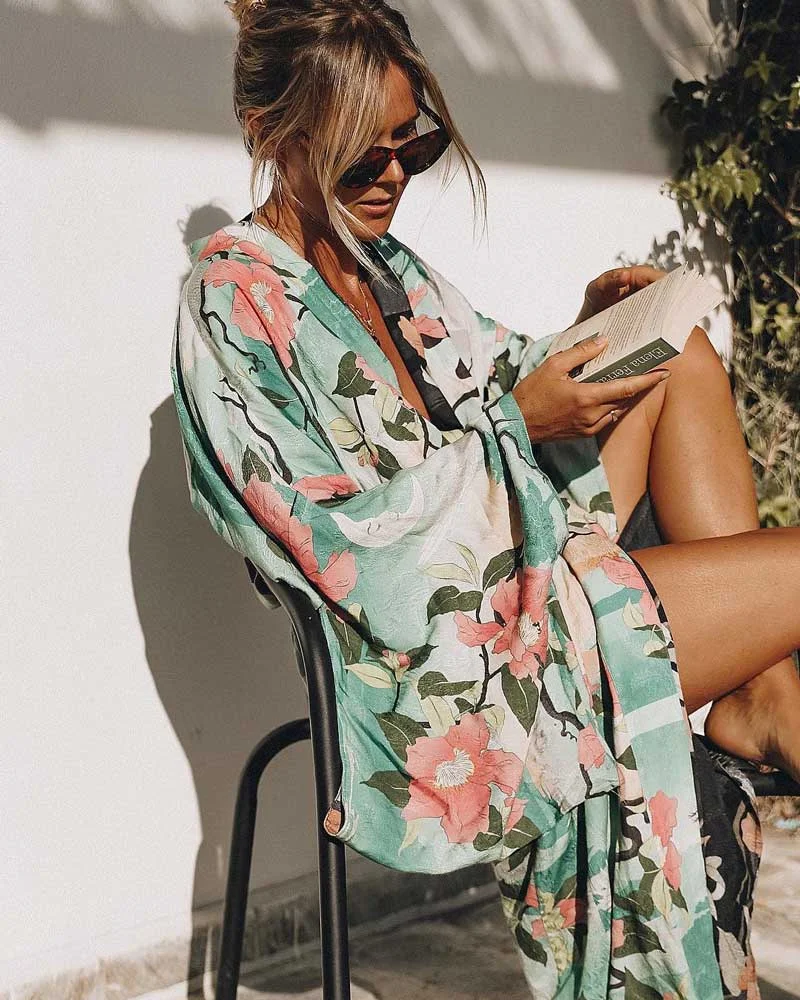 Fitshinling Bohemian Vintage Beach Kimono Swimwear Sashes Print Floral Cover-Up Big Sleeve Green Cotton Spring Autumn Cardigan