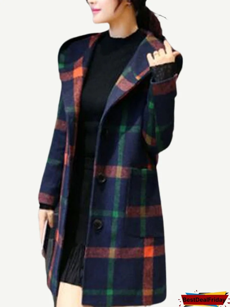 Hooded Plaid Print Long Sleeve Casual Jacket For Women