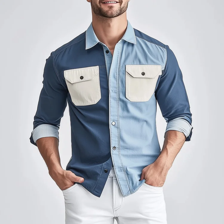 Okaywear Patchwork Denim Metal Button Chest Pocket Long Sleeve Shirt Okaywear