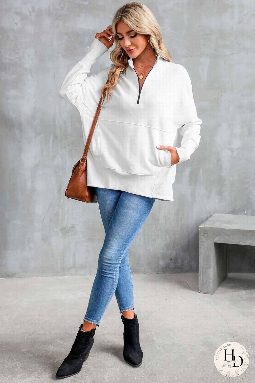 Cozy White Ribbed Pullover with Quarter-Zip Detail