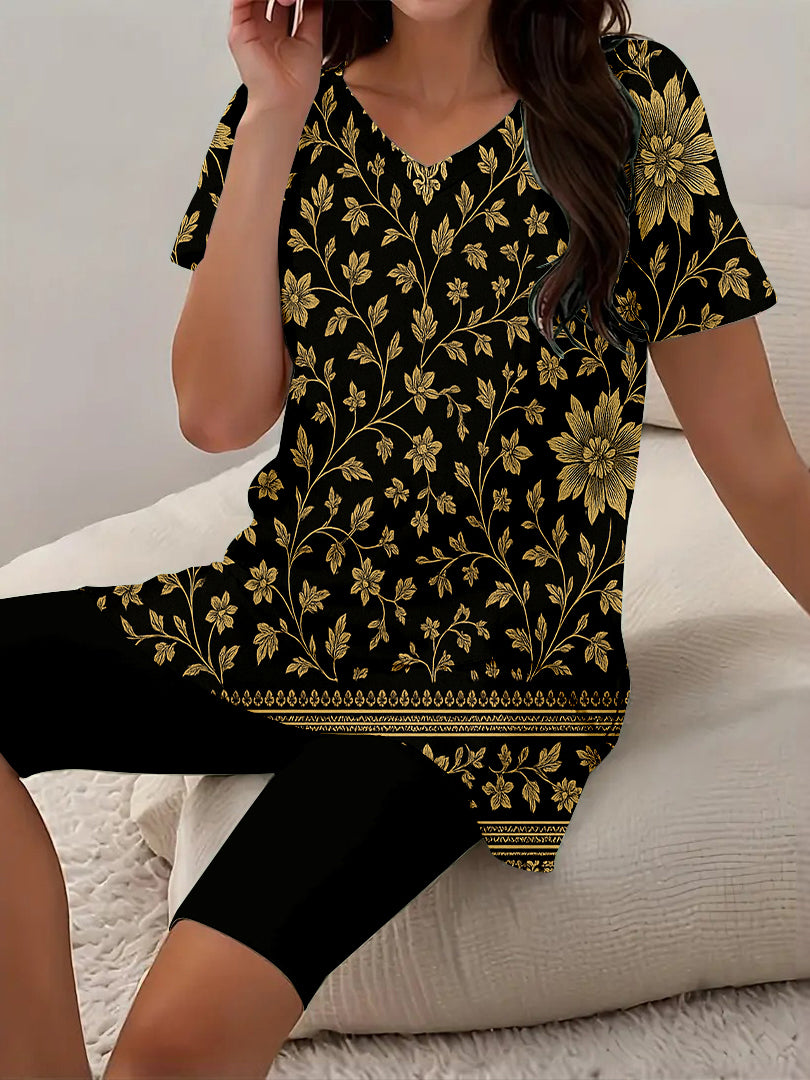 Women Long Sleeve V-neck Graphic Floral Printed Top