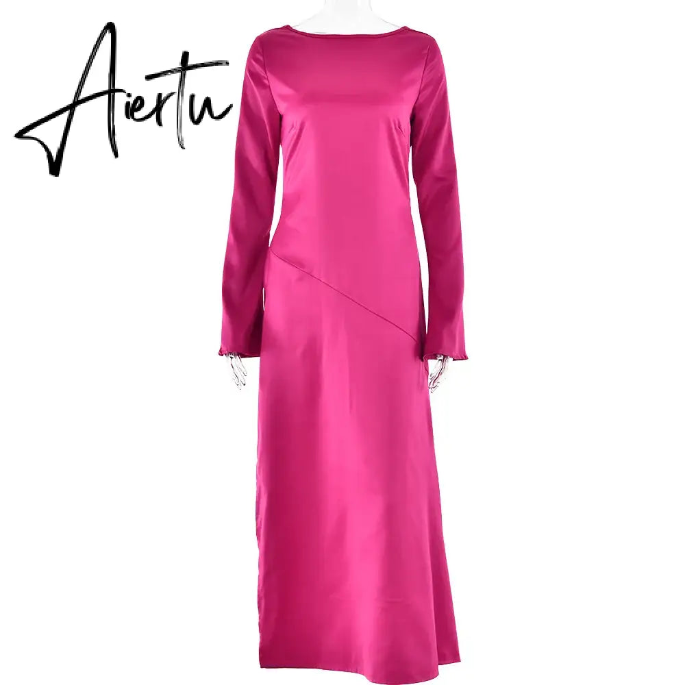Elegant Women's Autumn Evening Dress Backless Long Sleeve Solid Satin Split Maxi Dress Femme Chic Slim Party Dresses Aiertu